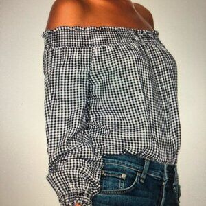Rag & Bone Black/White Drew Smocked Off Shoulder Gingham Top Women’s XS‎